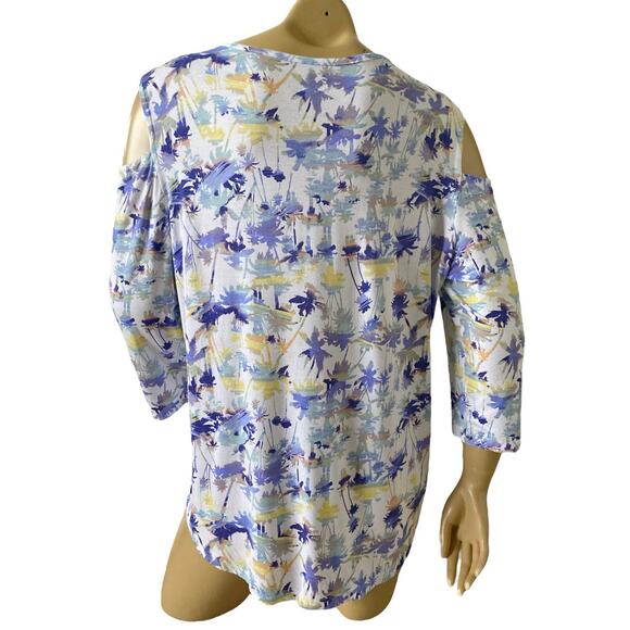 PALM GROVE Womens Size Large Tropical Palm Tree 3/4 Sleeve Cold Shoulder Shirt - Picture 4 of 6
